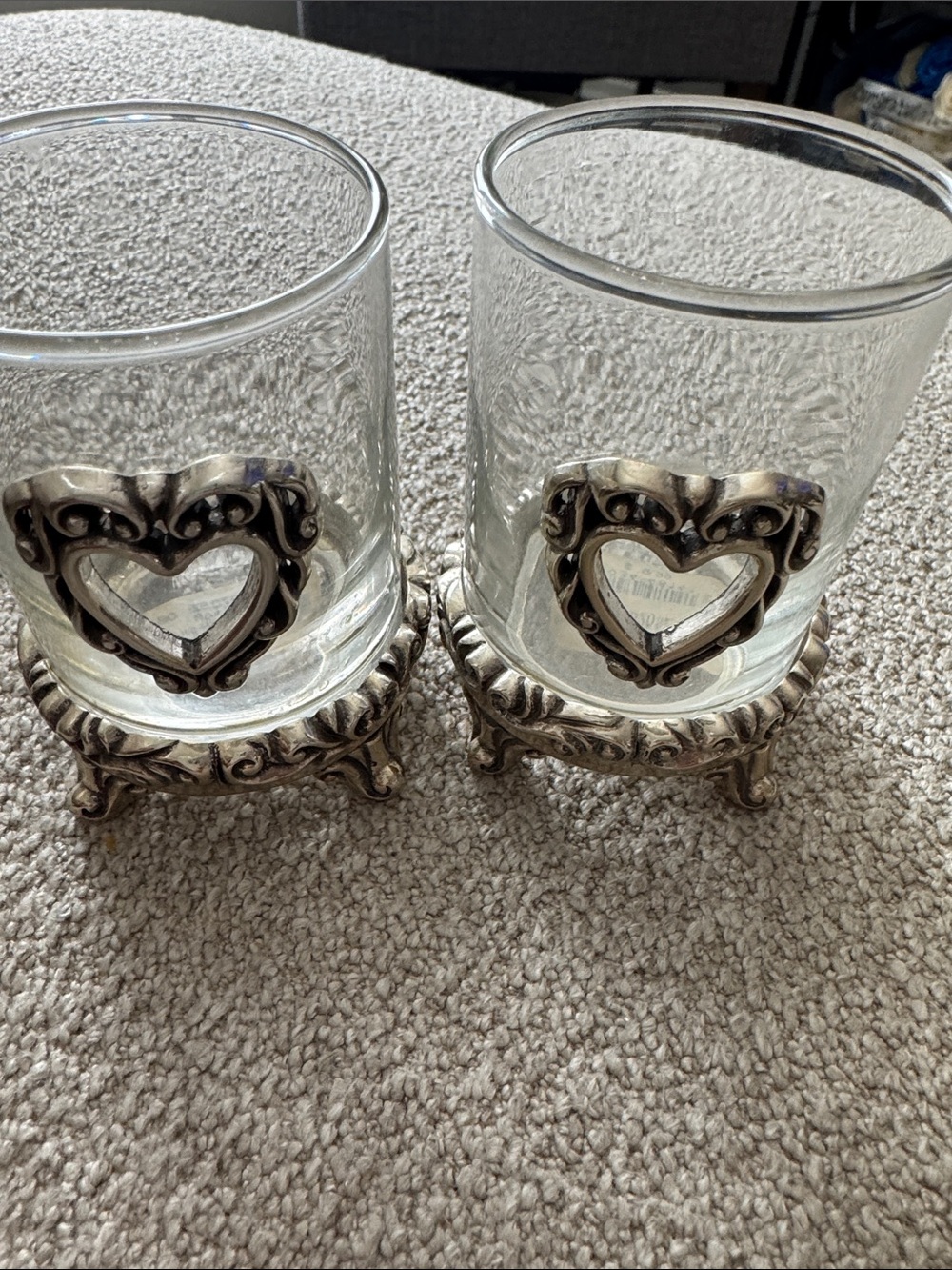 Vintage Brighton Clear Glass Candle Holders with Silver Heart Accents